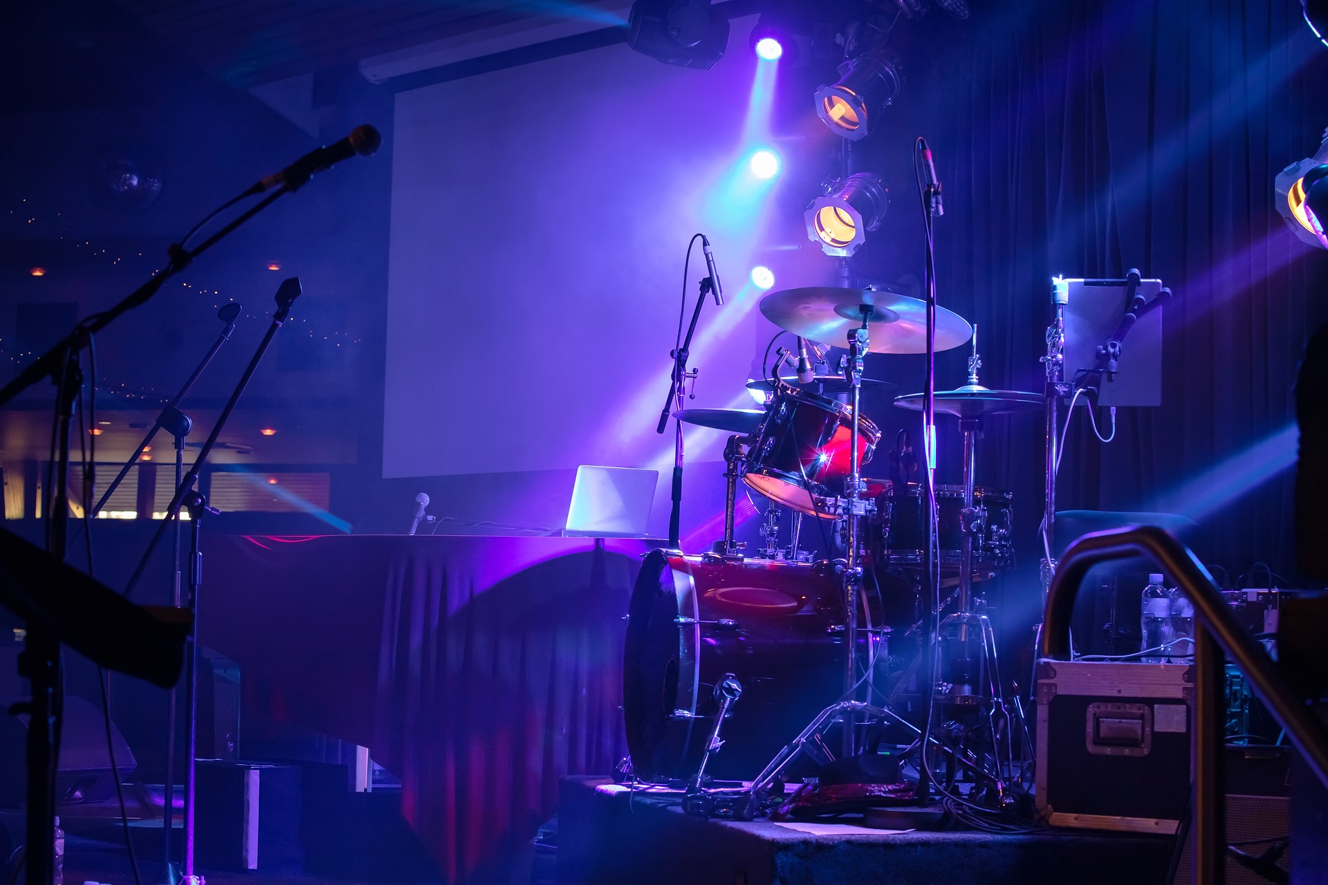 Musical instruments, drums and microphones, stage light before the concert